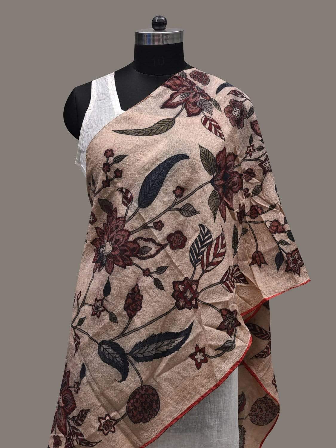 Cream Kalamkari Hand Painted Tussar Handloom Stole with Floral and Birds Design ds2454