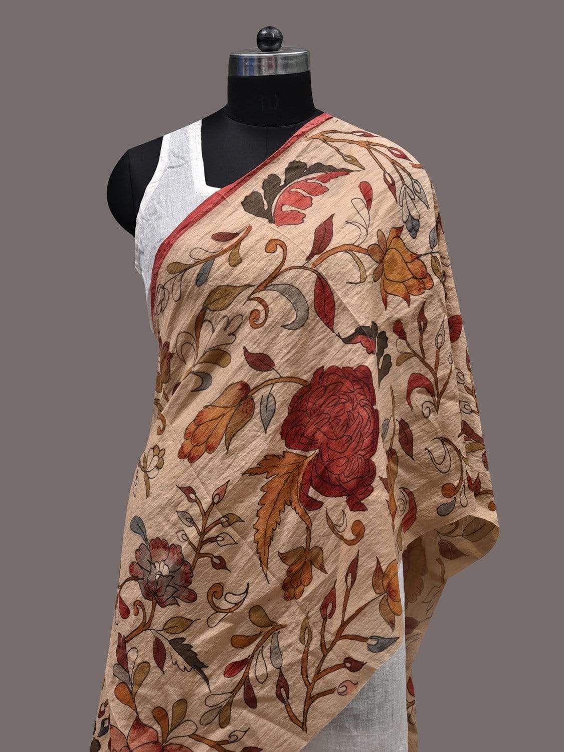 Cream Kalamkari Hand Painted Tussar Handloom Stole with Floral Design ds2416