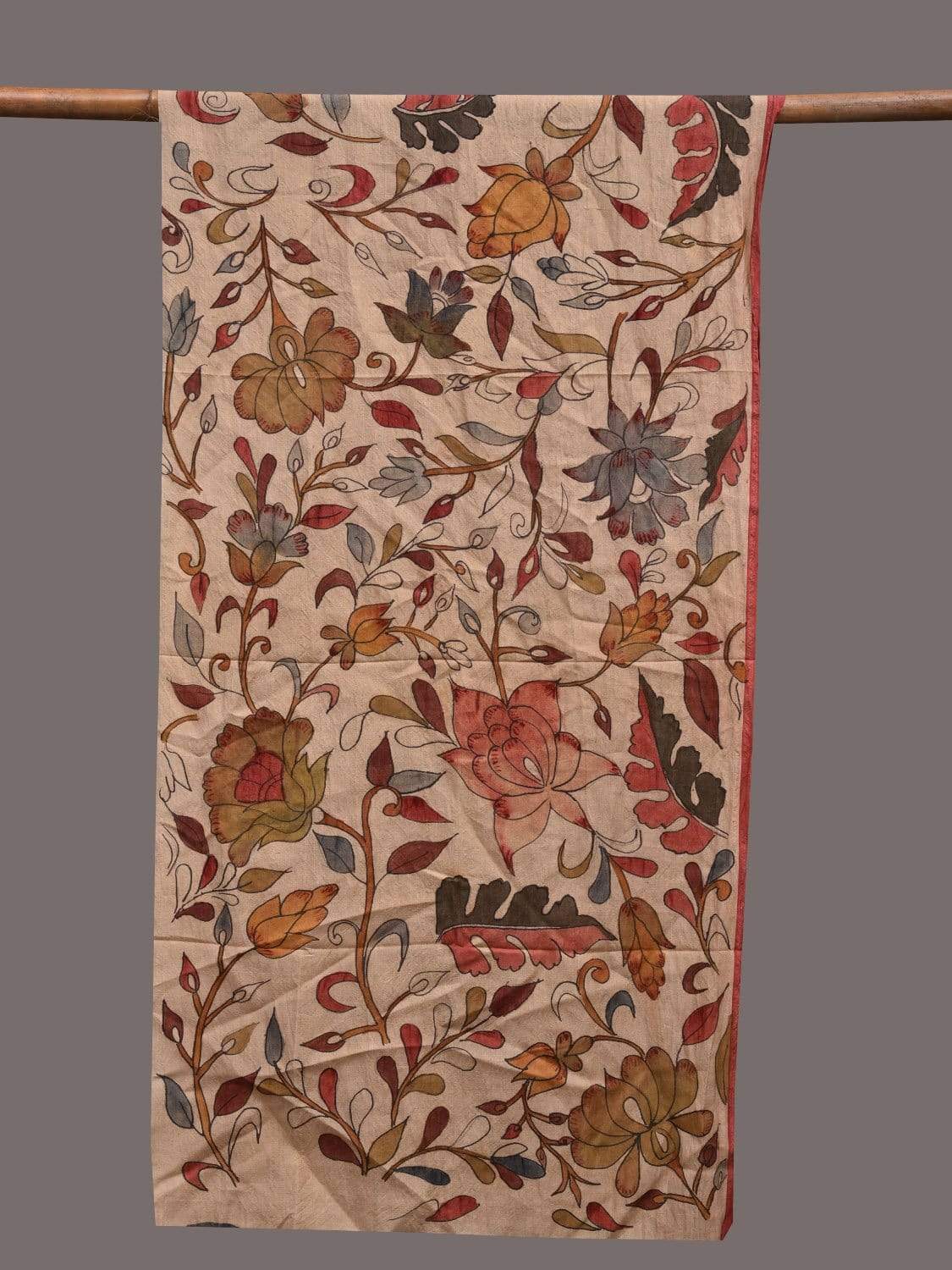 Cream Kalamkari Hand Painted Tussar Handloom Stole with Floral Design ds2416
