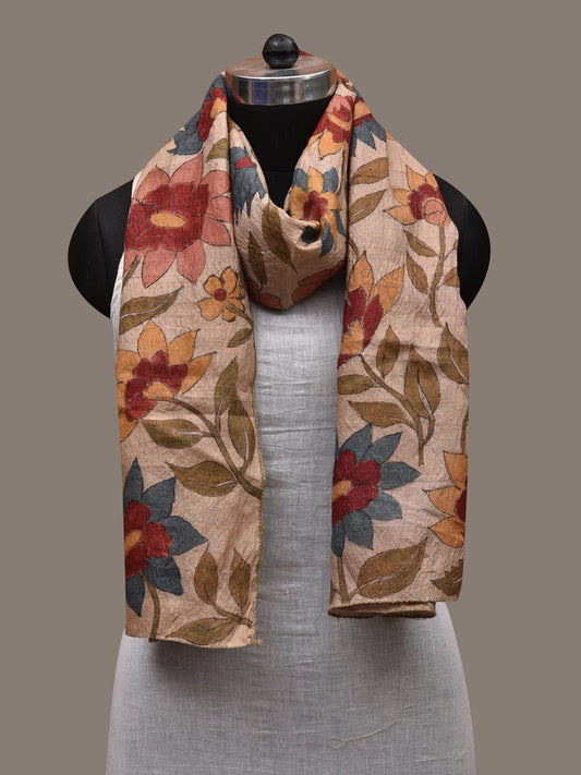 Cream Kalamkari Hand Painted Tussar Handloom Stole with Floral Design ds2761