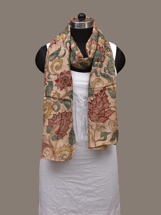 Cream Kalamkari Hand Painted Tussar Handloom Stole with Floral Design ds3025