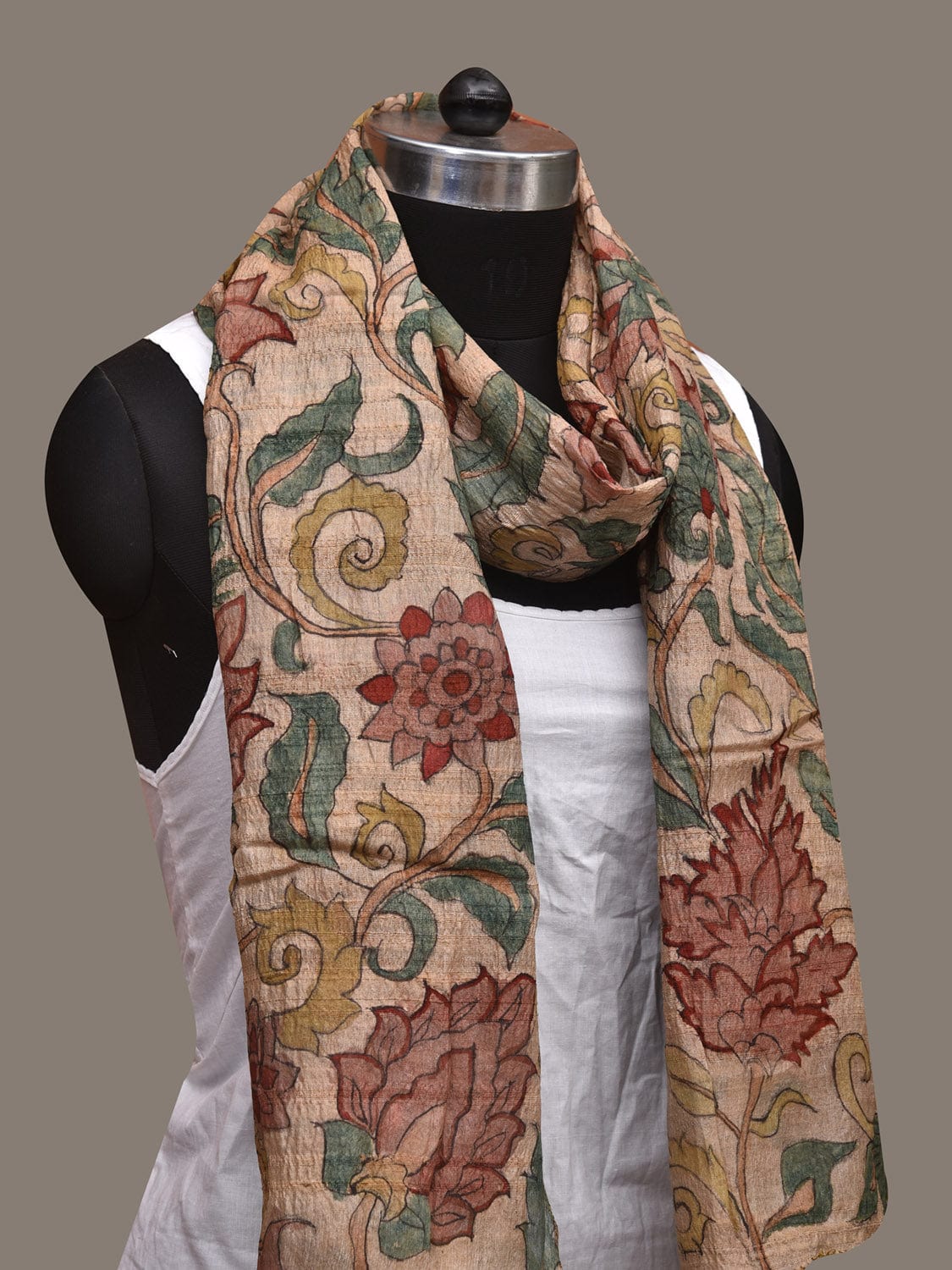 Cream Kalamkari Hand Painted Tussar Handloom Stole with Floral Design ds3025