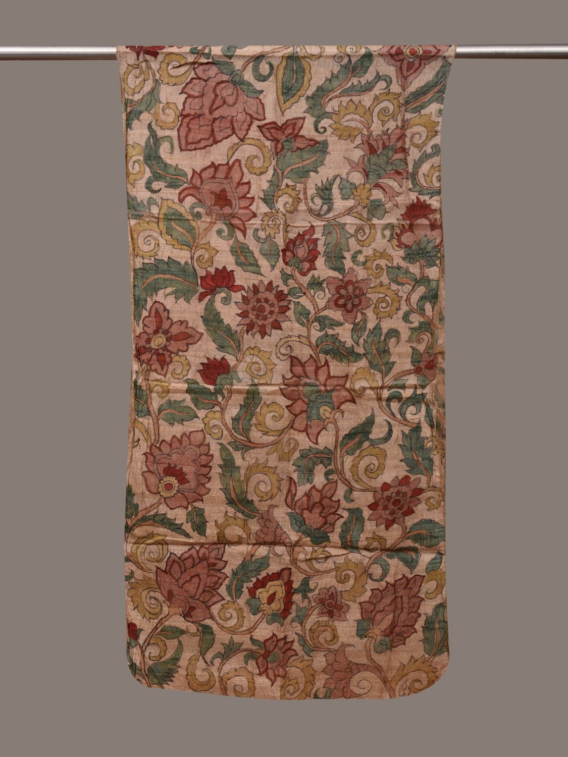 Cream Kalamkari Hand Painted Tussar Handloom Stole with Floral Design ds3025