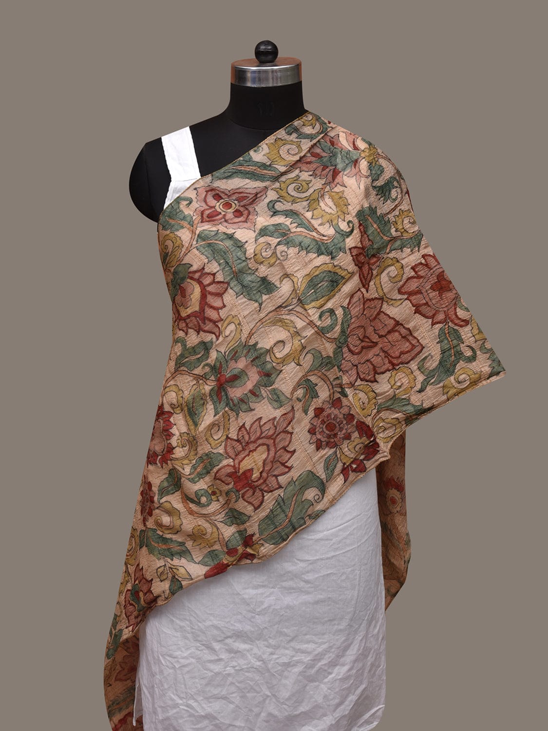 Cream Kalamkari Hand Painted Tussar Handloom Stole with Floral Design ds3025