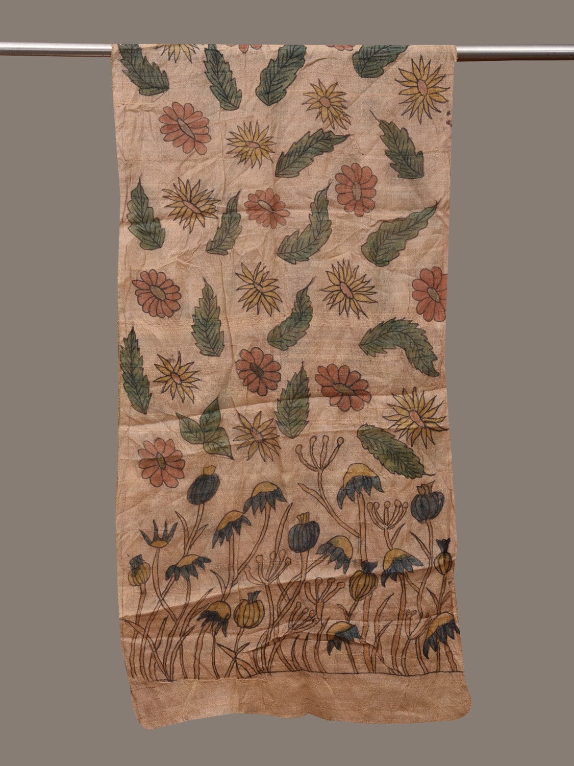 Cream Kalamkari Hand Painted Tussar Handloom Stole with Floral Design ds3040