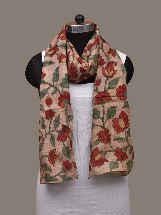 Cream Kalamkari Hand Painted Tussar Handloom Stole with Floral Design ds3055