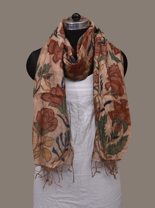 Cream Kalamkari Hand Painted Tussar Handloom Stole with Floral Design ds3077