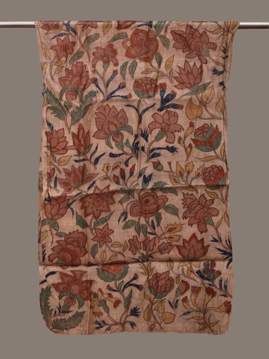 Cream Kalamkari Hand Painted Tussar Handloom Stole with Floral Design ds3077
