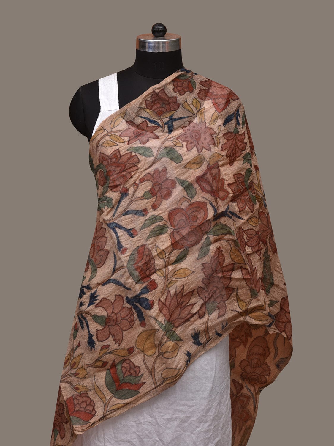 Cream Kalamkari Hand Painted Tussar Handloom Stole with Floral Design ds3077