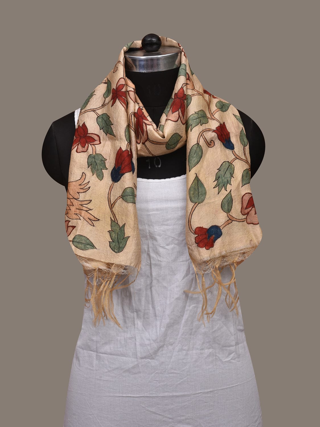 Cream Kalamkari Hand Painted Tussar Handloom Stole with Peacocks and Floral Design ds3075