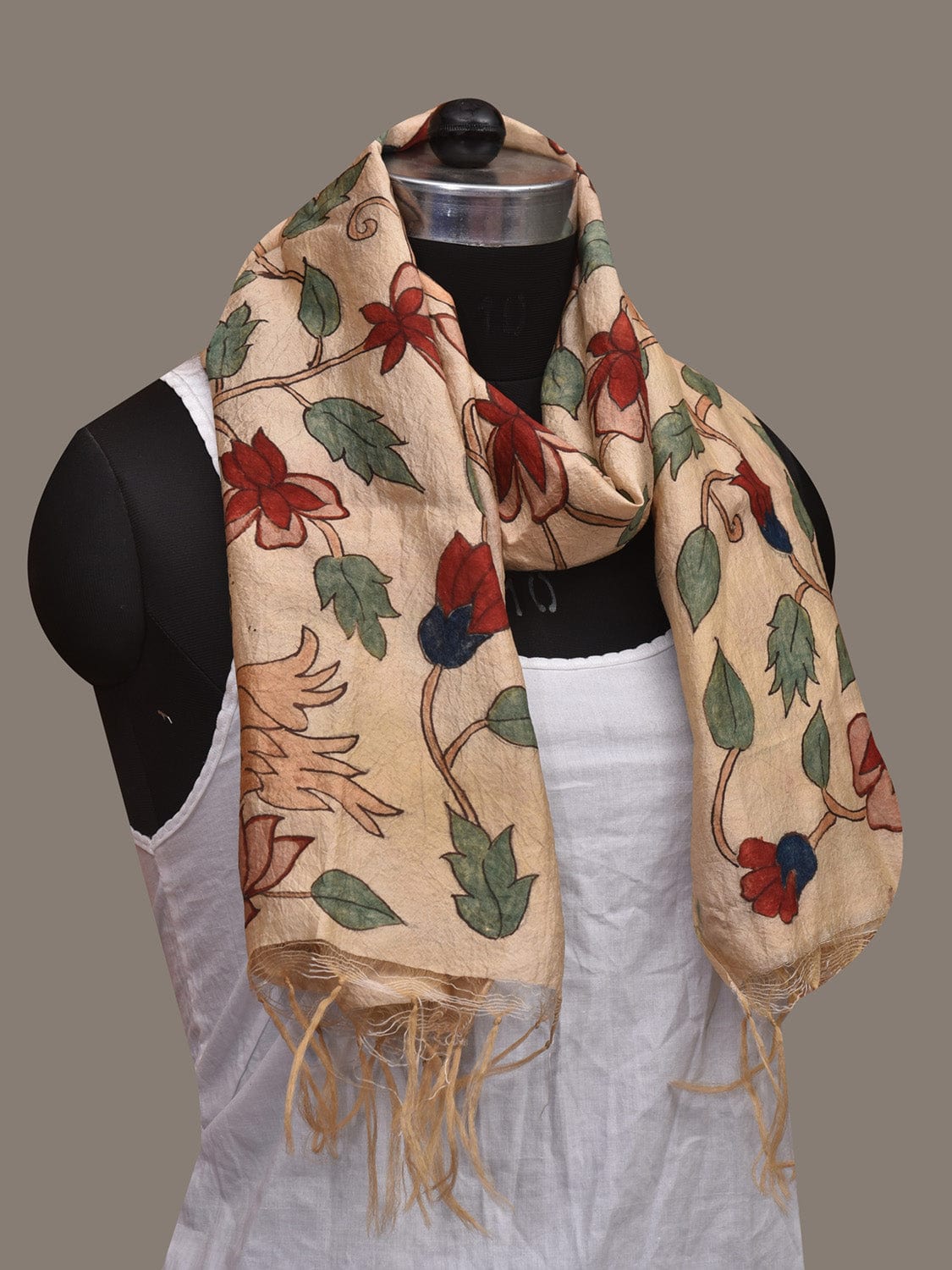 Cream Kalamkari Hand Painted Tussar Handloom Stole with Peacocks and Floral Design ds3075