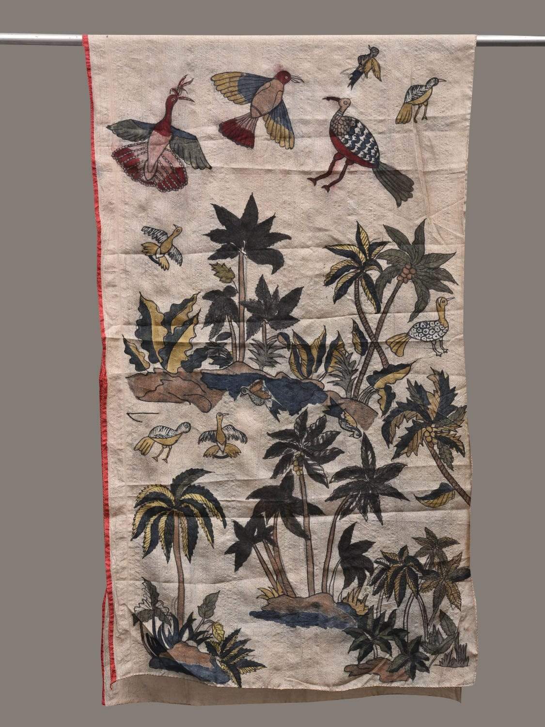 Cream Kalamkari Hand Painted Tussar Handloom Stole with Trees and Birds Design ds2456