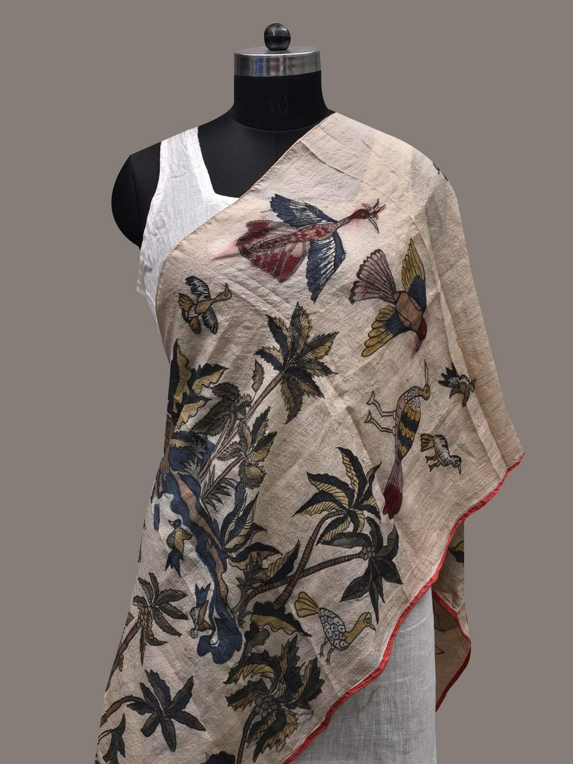Cream Kalamkari Hand Painted Tussar Handloom Stole with Trees and Birds Design ds2456
