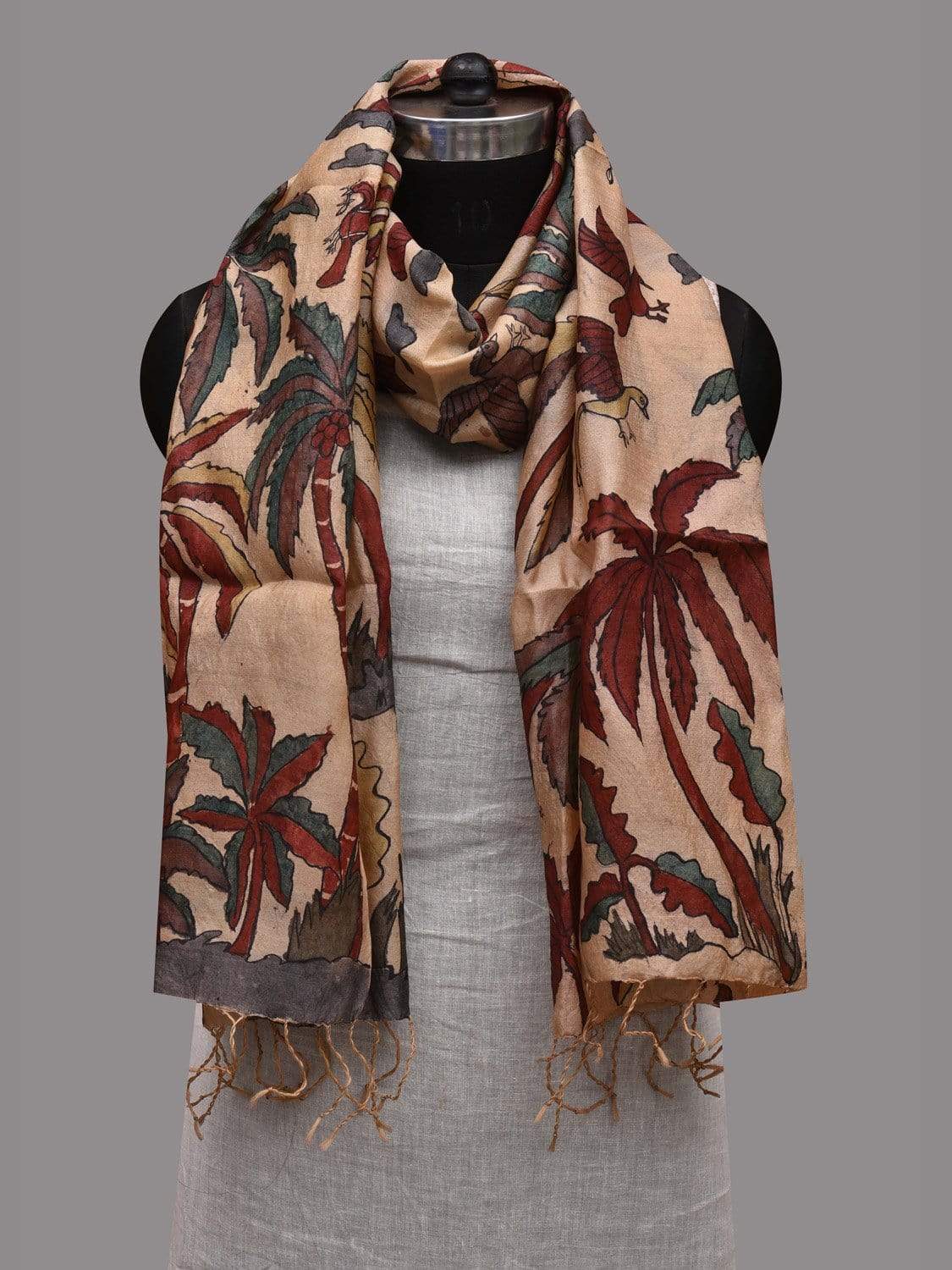 Cream Kalamkari Hand Painted Tussar Handloom Stole with Trees Design ds2597