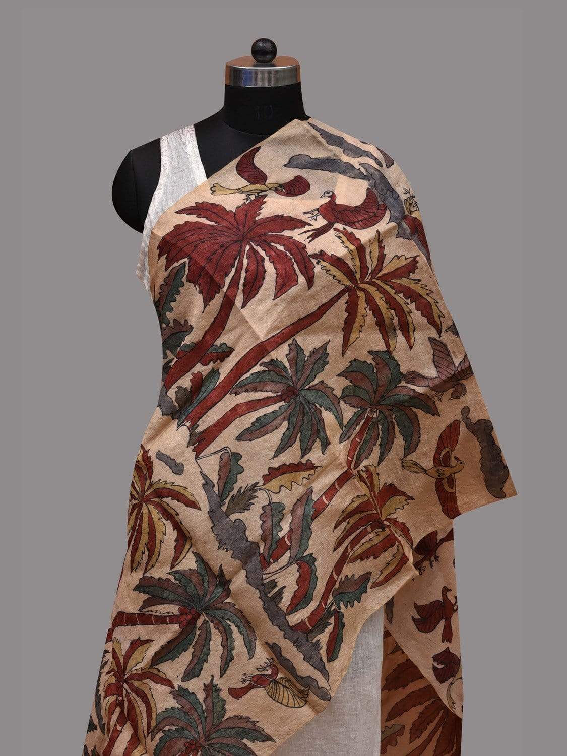 Cream Kalamkari Hand Painted Tussar Handloom Stole with Trees Design ds2597