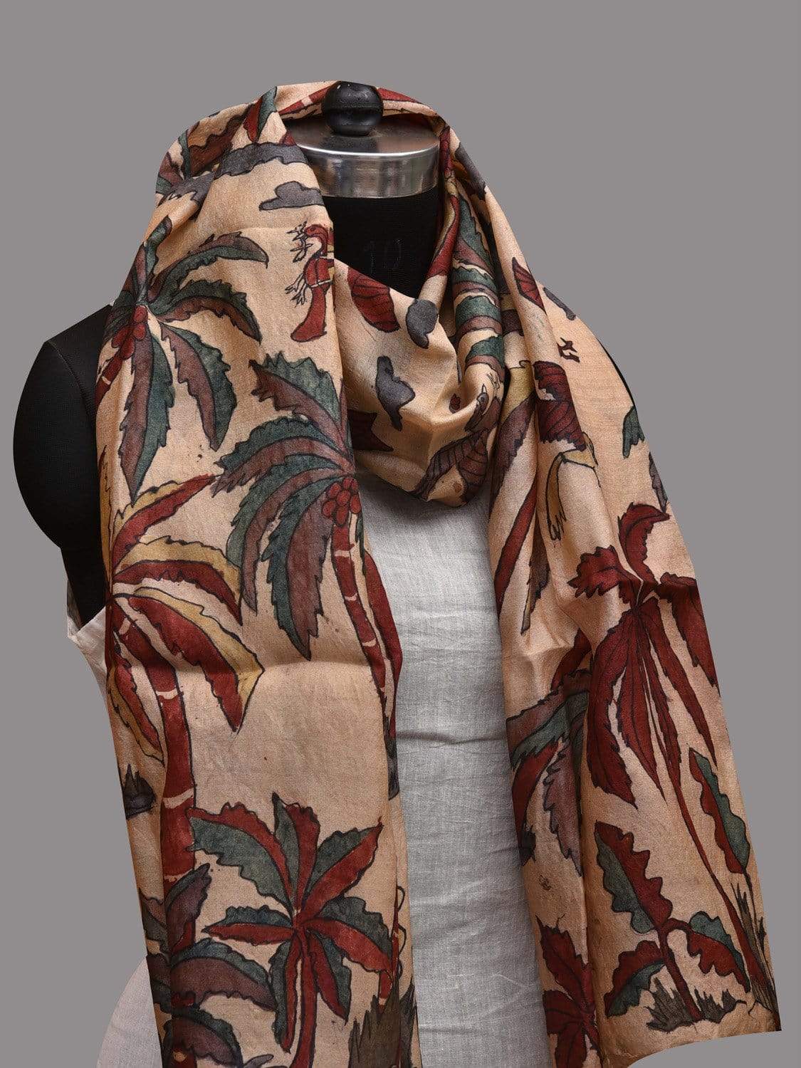 Cream Kalamkari Hand Painted Tussar Handloom Stole with Trees Design ds2597