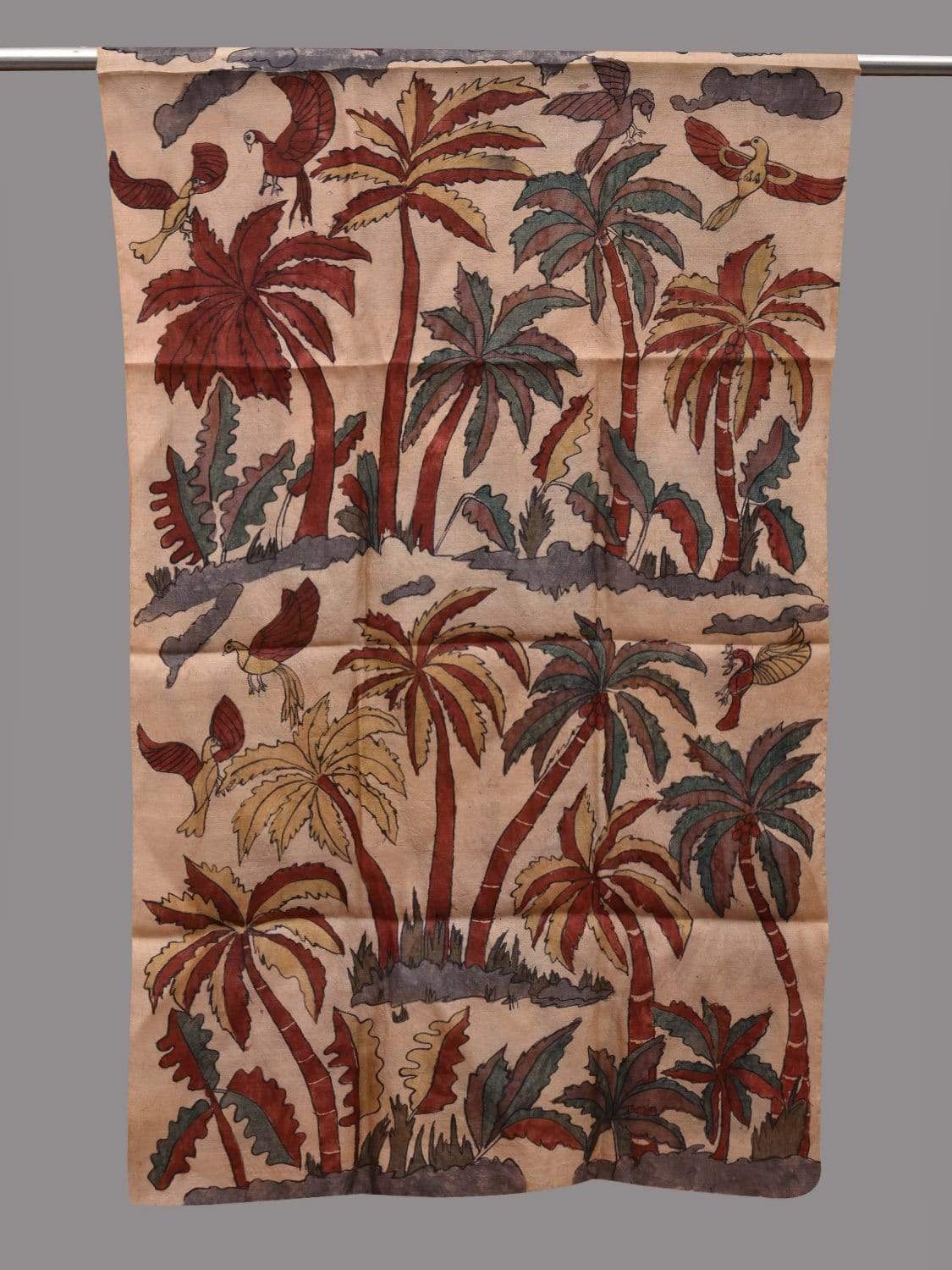 Cream Kalamkari Hand Painted Tussar Handloom Stole with Trees Design ds2597