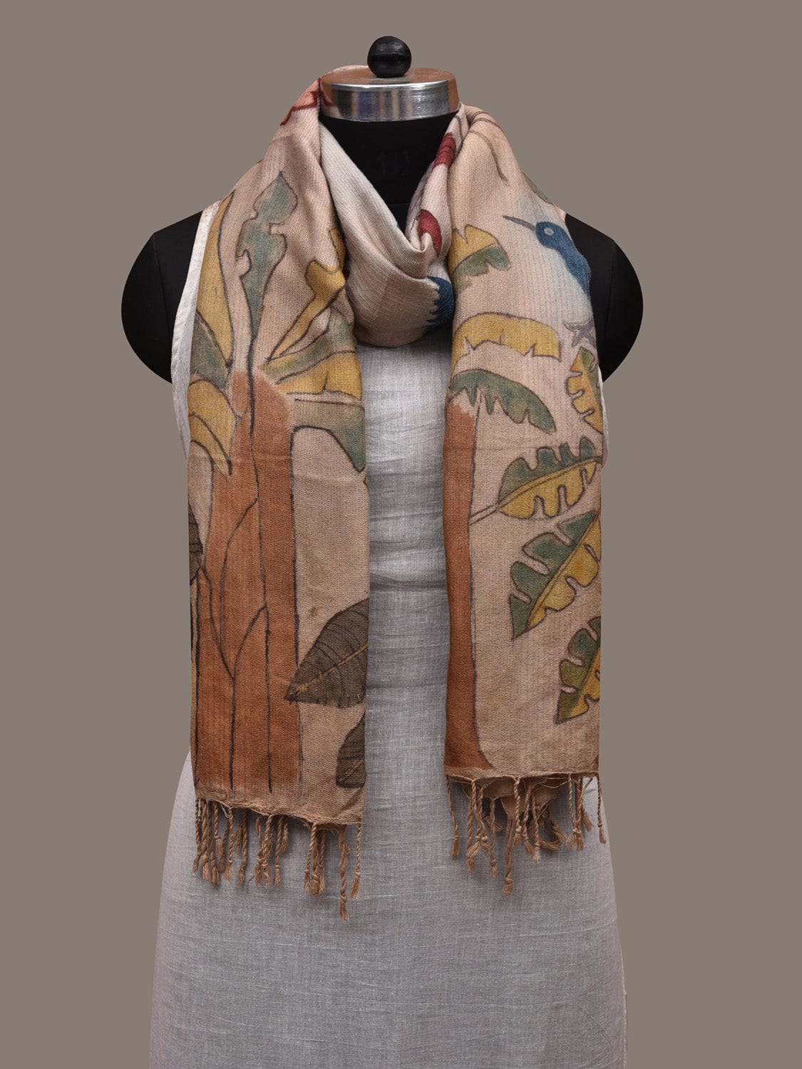 Cream Kalamkari Hand Painted Tussar Muga Dupatta with Trees and Birds Design ds2927