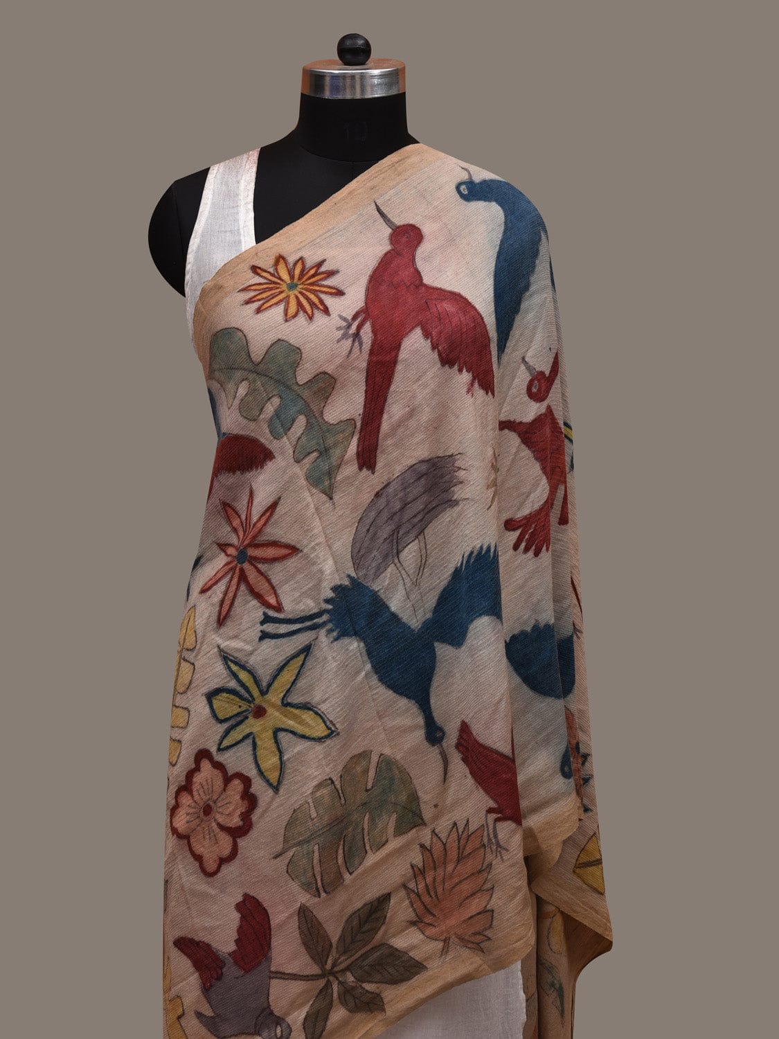 Cream Kalamkari Hand Painted Tussar Muga Dupatta with Trees and Birds Design ds2927