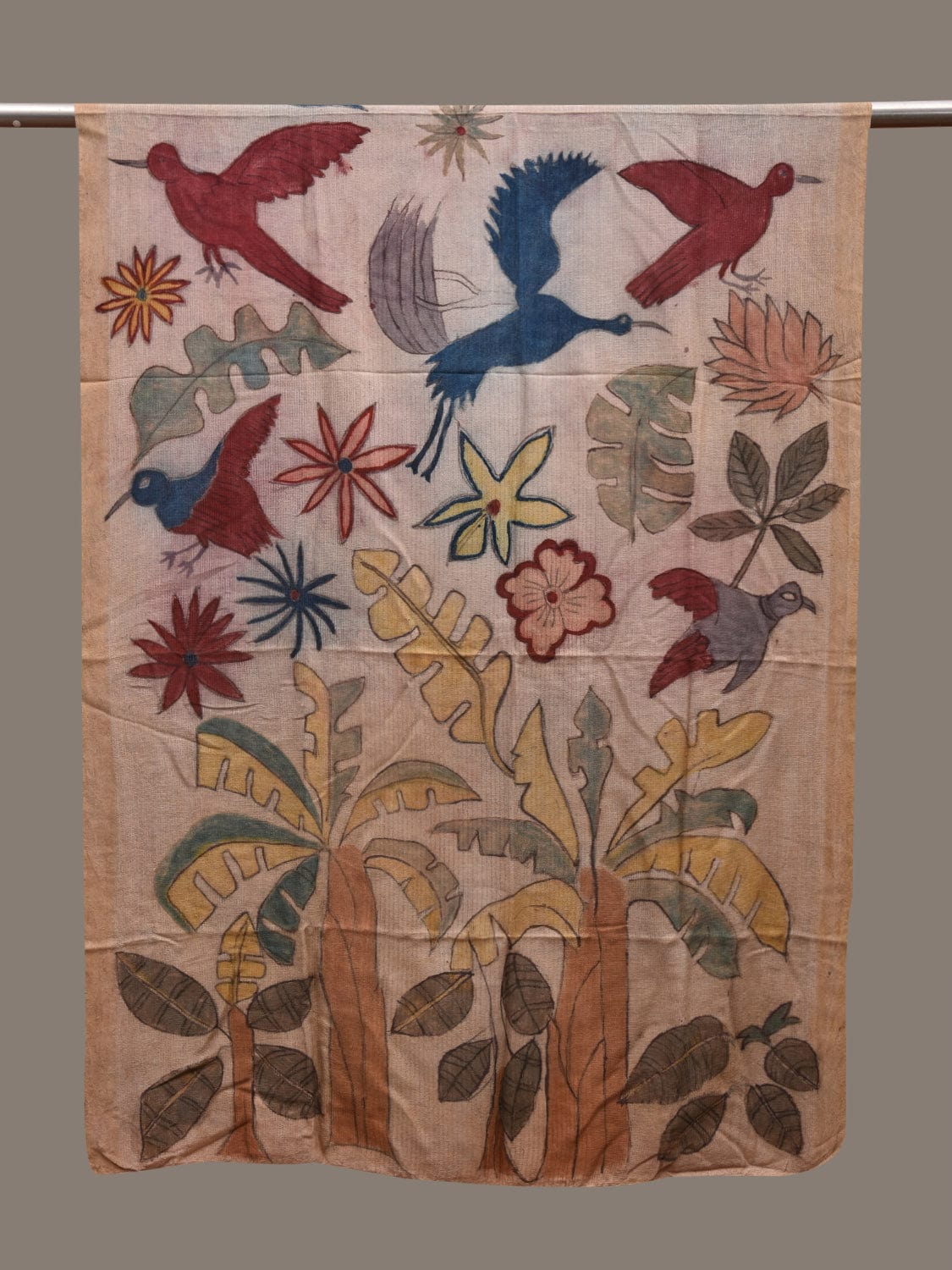 Cream Kalamkari Hand Painted Tussar Muga Dupatta with Trees and Birds Design ds2927