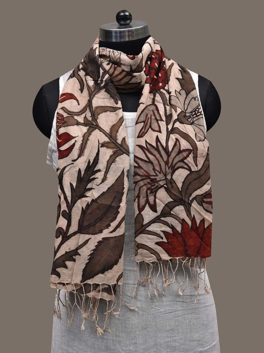 Cream Kalamkari Hand Painted Tussar Muga Handloom Dupatta with Floral Design ds2468