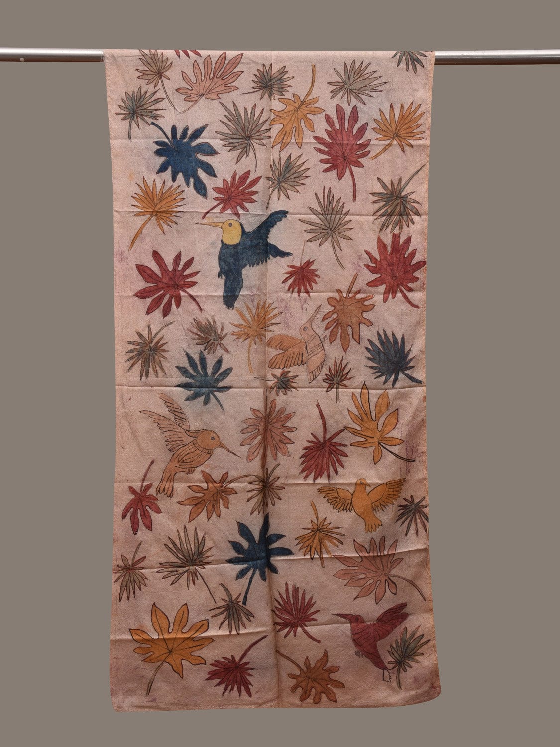 Cream Kalamkari Hand Painted Tussar Stole with Floral and Birds Design ds2933