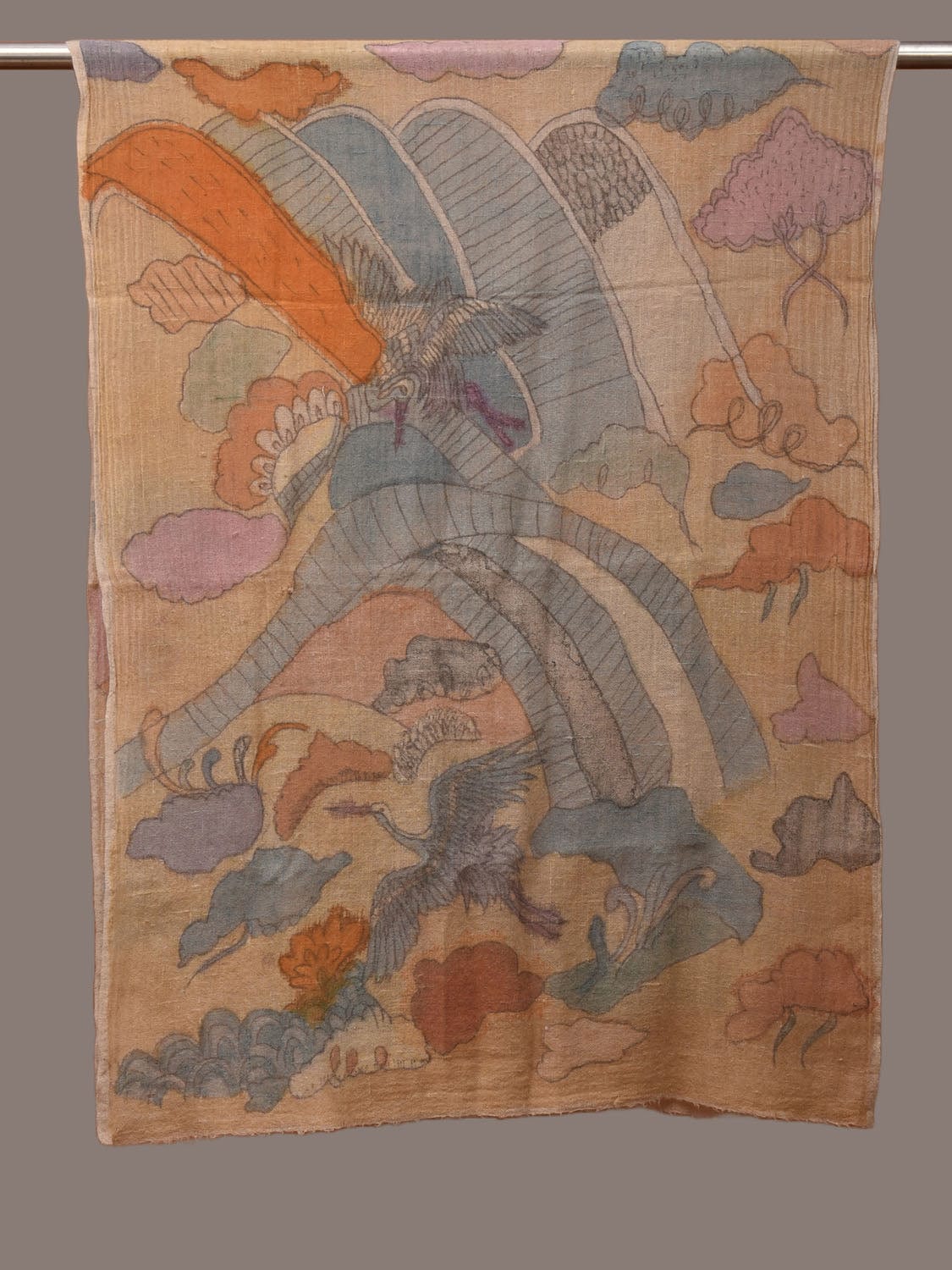 Cream Kalamkari Hand Painted Woolen Dupatta with Birds Design ds3207