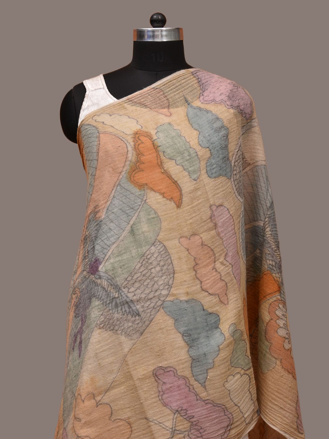 Cream Kalamkari Hand Painted Woolen Dupatta with Birds Design ds3207