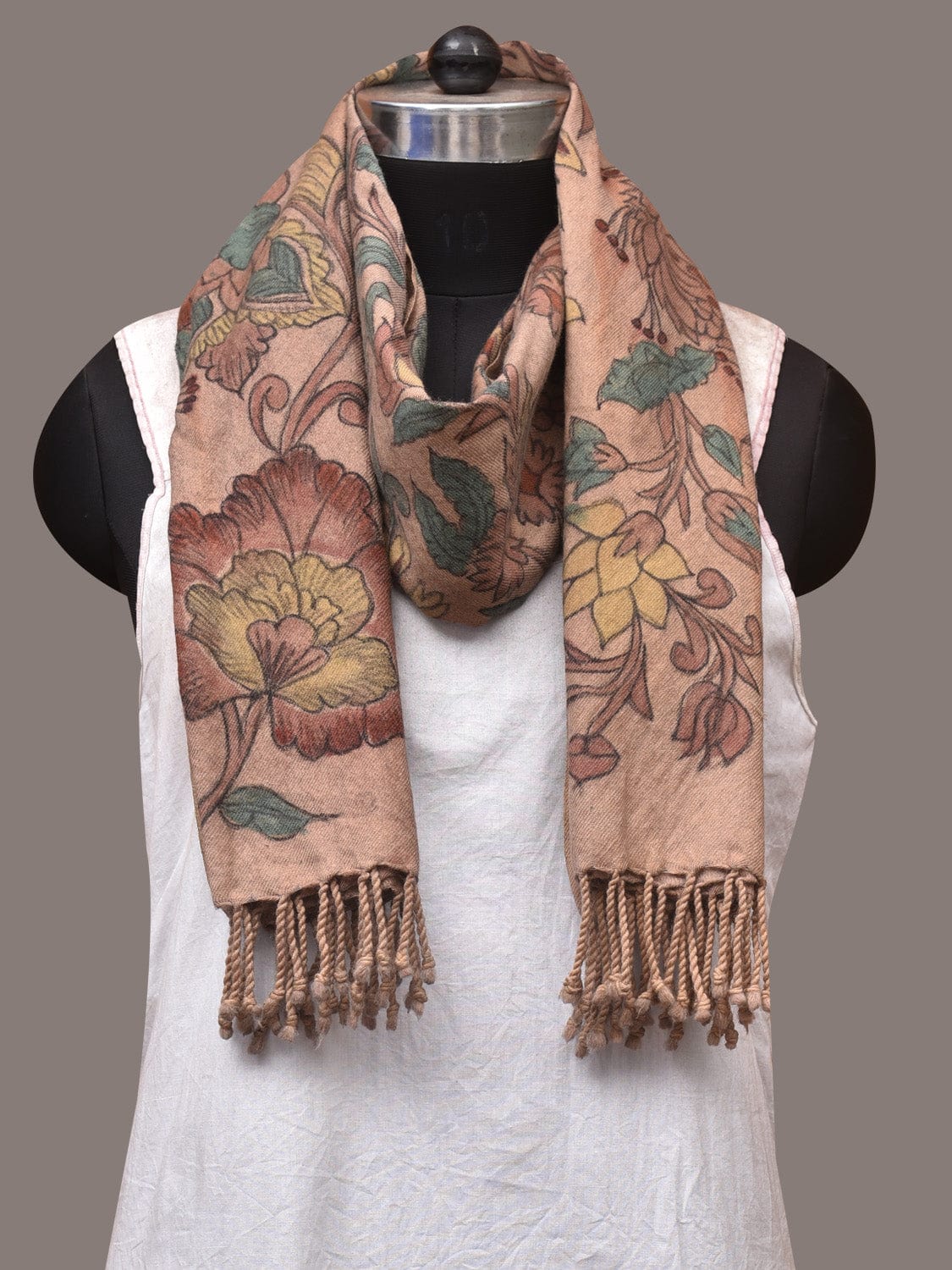 Cream Kalamkari Hand Painted Woolen Handloom Dupatta with Floral Design ds3437