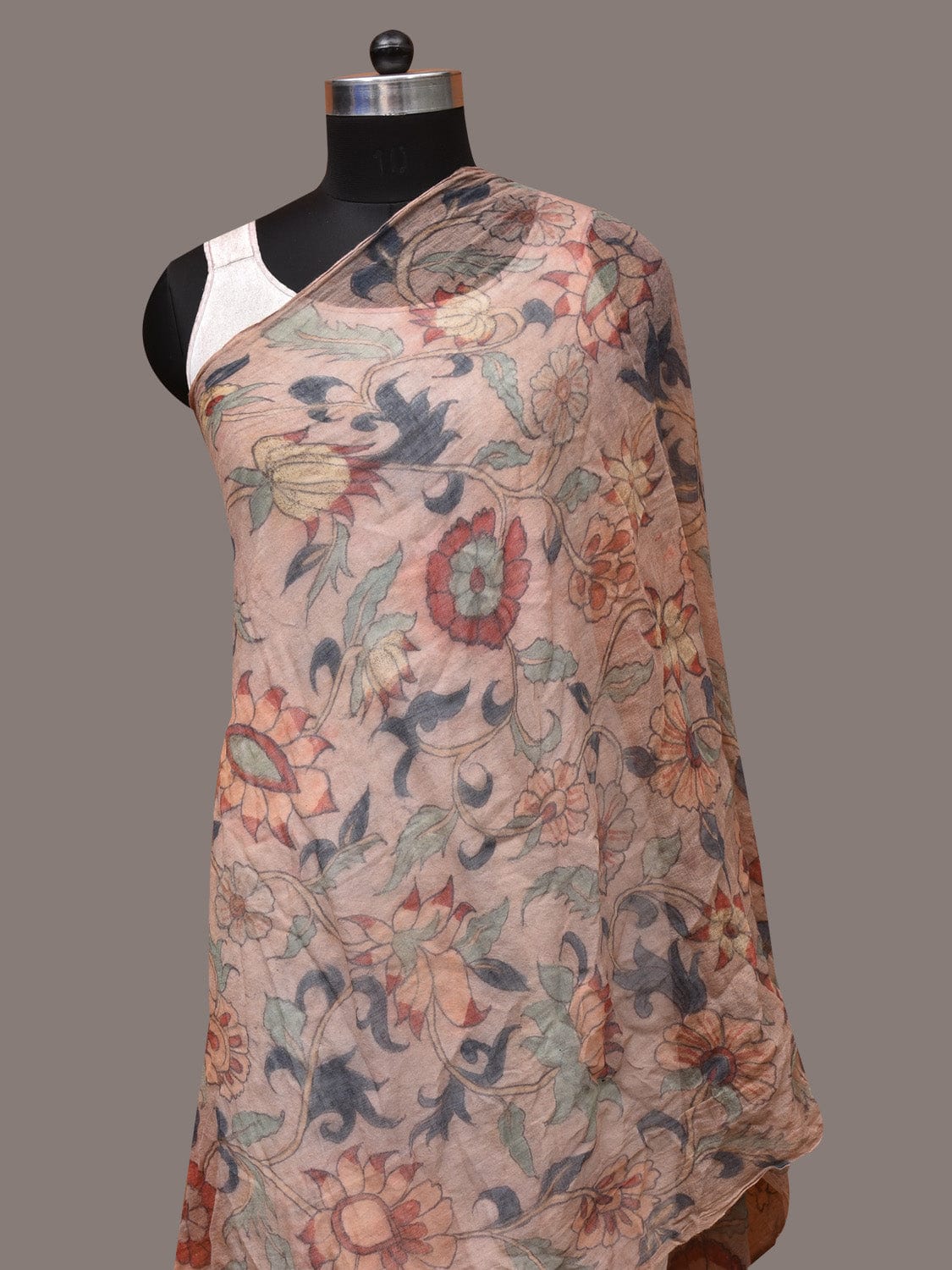 Cream Kalamkari Hand Painted Woolen Handloom Dupatta with Floral Design ds3502