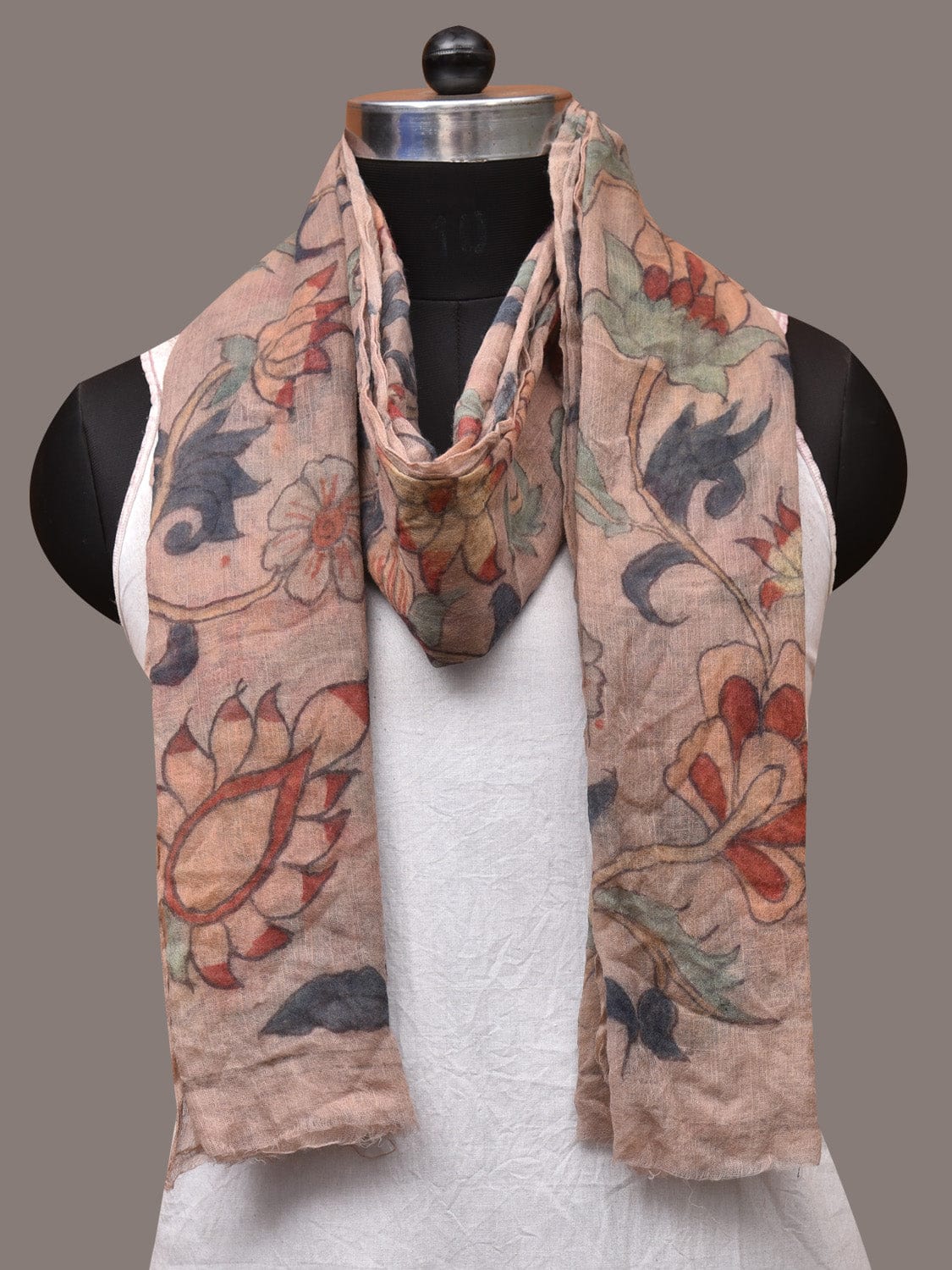 Cream Kalamkari Hand Painted Woolen Handloom Dupatta with Floral Design ds3502