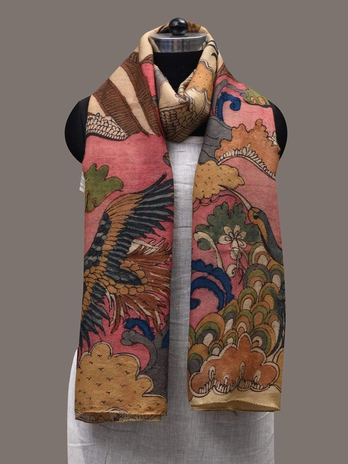 Cream Kalamkari Hand Painted Woolen Handloom Stole with Birds and Clouds Design ds2439