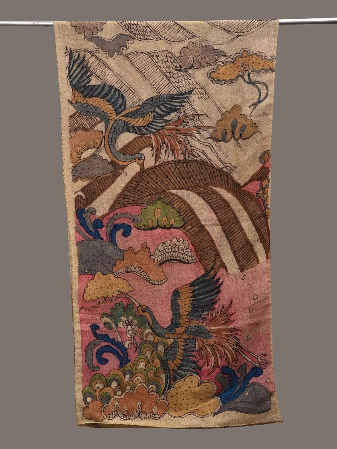 Cream Kalamkari Hand Painted Woolen Handloom Stole with Birds and Clouds Design ds2439