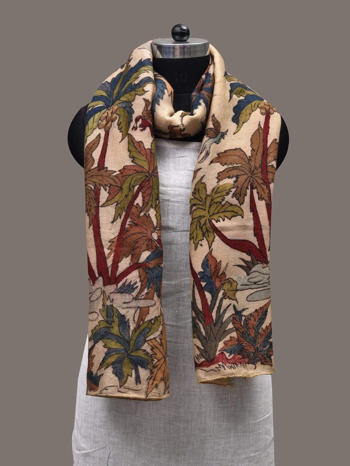 Cream Kalamkari Hand Painted Woolen Handloom Stole with Coconut Trees Design ds2437