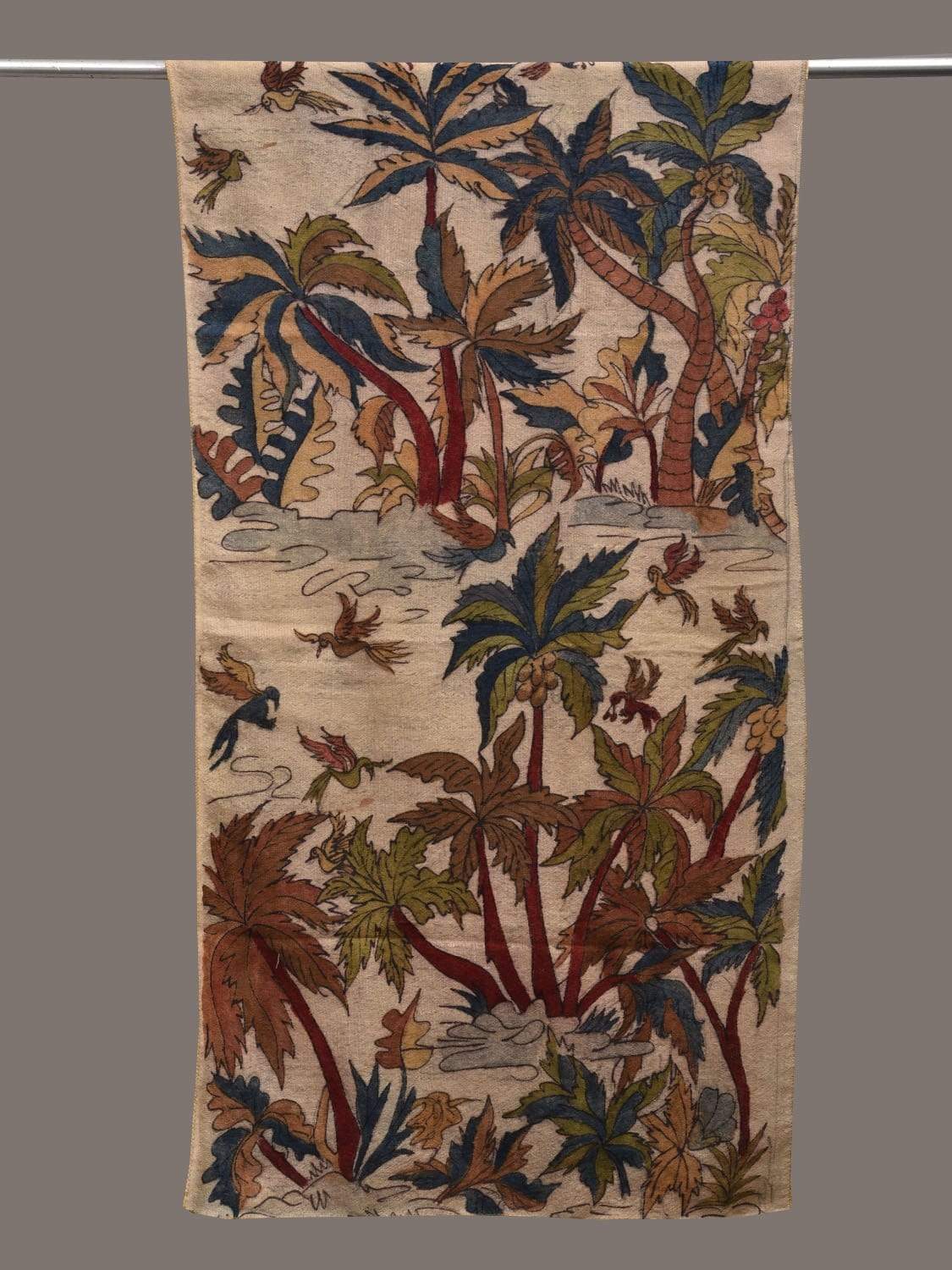 Cream Kalamkari Hand Painted Woolen Handloom Stole with Coconut Trees Design ds2437