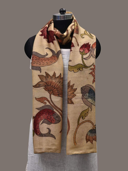 Cream Kalamkari Hand Painted Woolen Handloom Stole with Fishes and Lotus Flowers Design ds2441