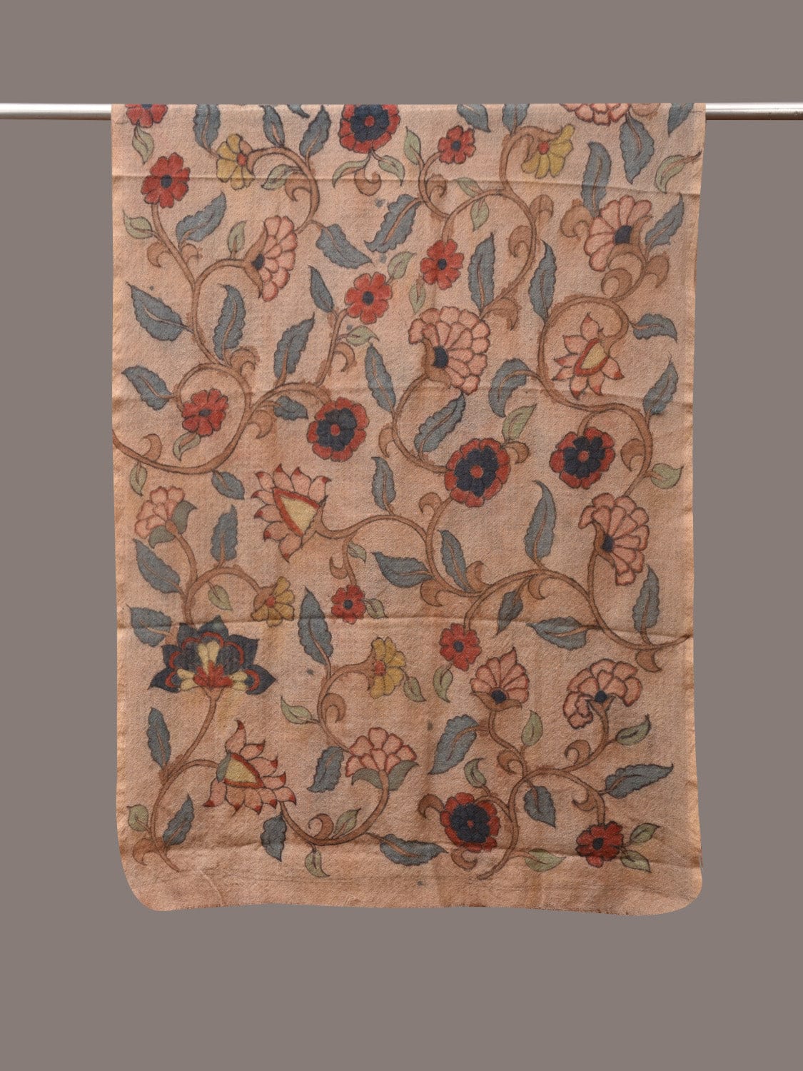 Cream Kalamkari Hand Painted Woolen Handloom Stole with Floral Design ds3538