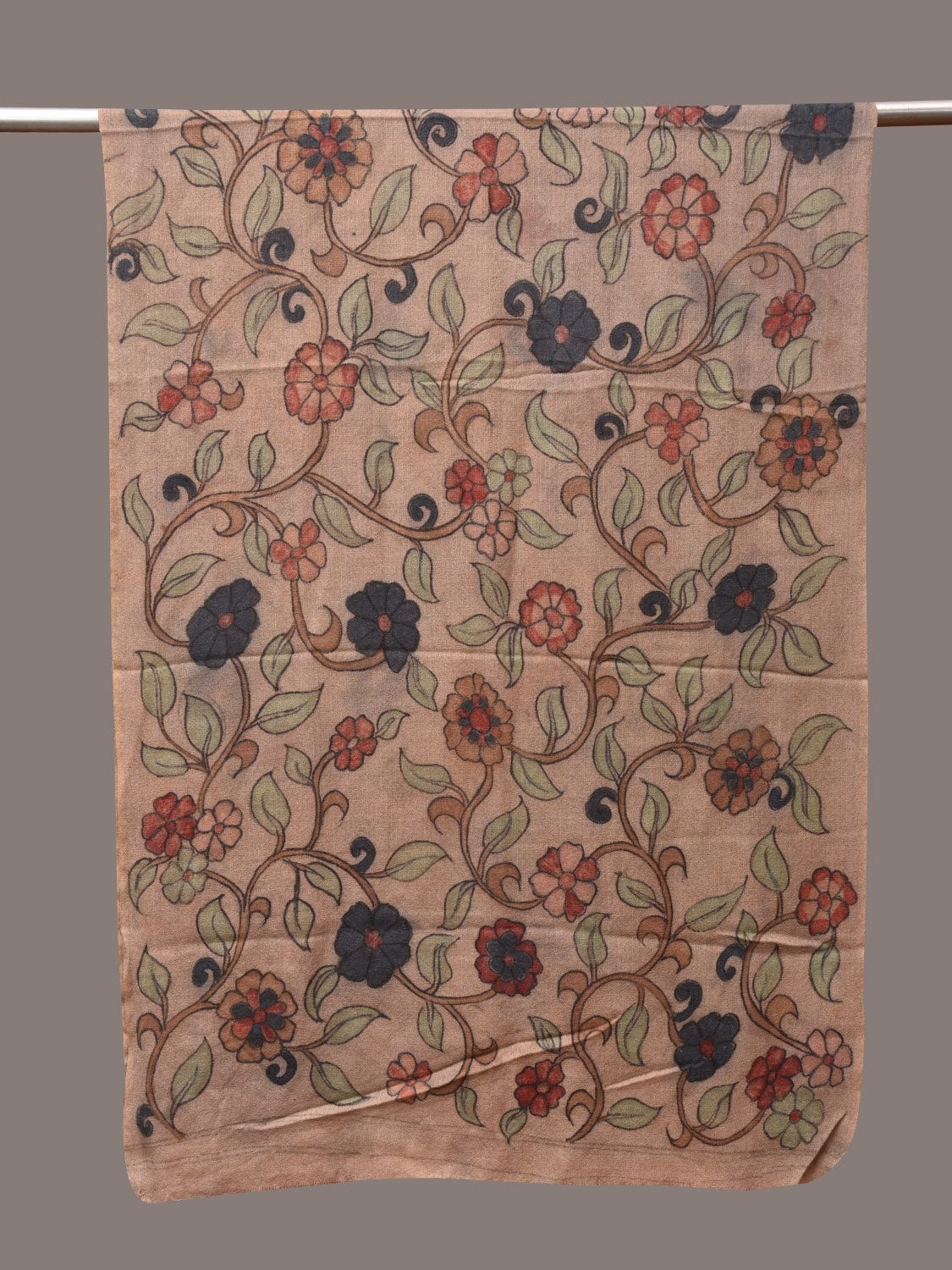 Cream Kalamkari Hand Painted Woolen Handloom Stole with Floral Design ds3543