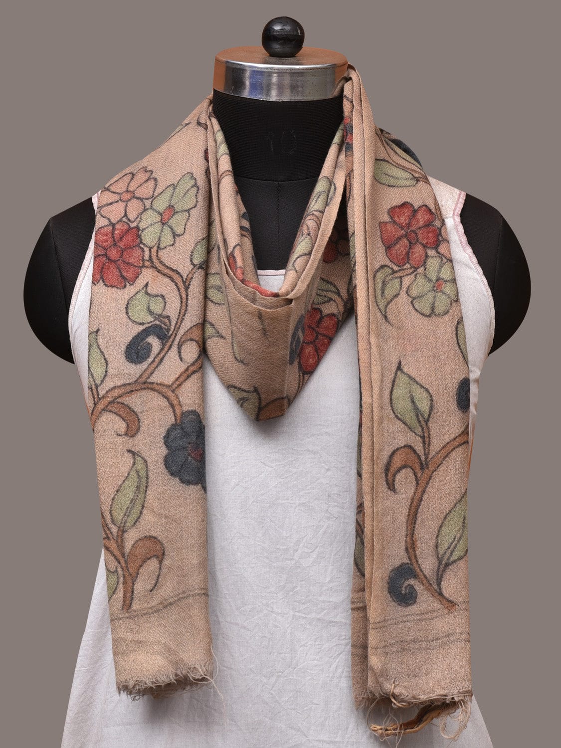 Cream Kalamkari Hand Painted Woolen Handloom Stole with Floral Design ds3543