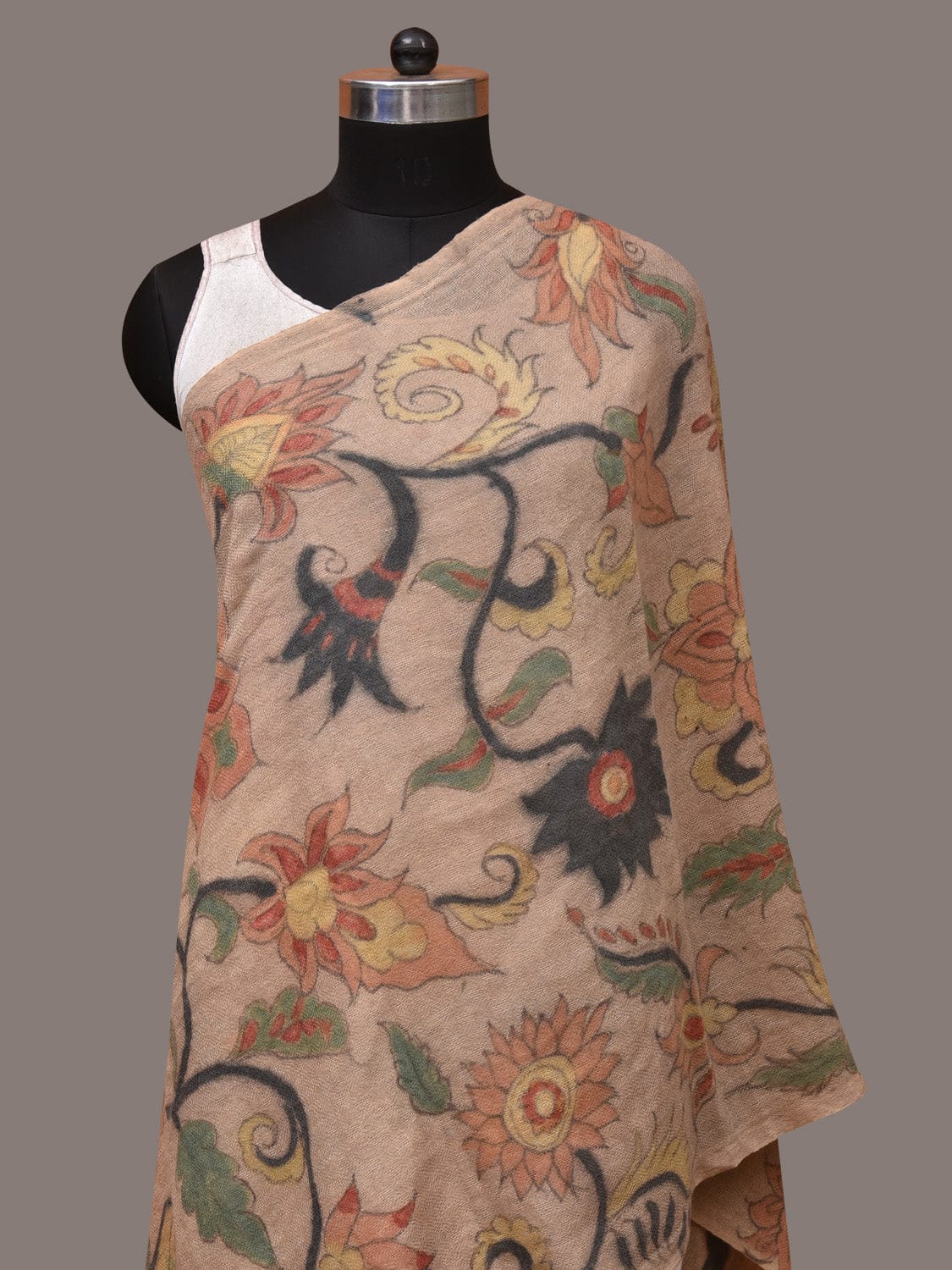 Cream Kalamkari Hand Painted Woolen Handloom Stole with Floral Design ds3546