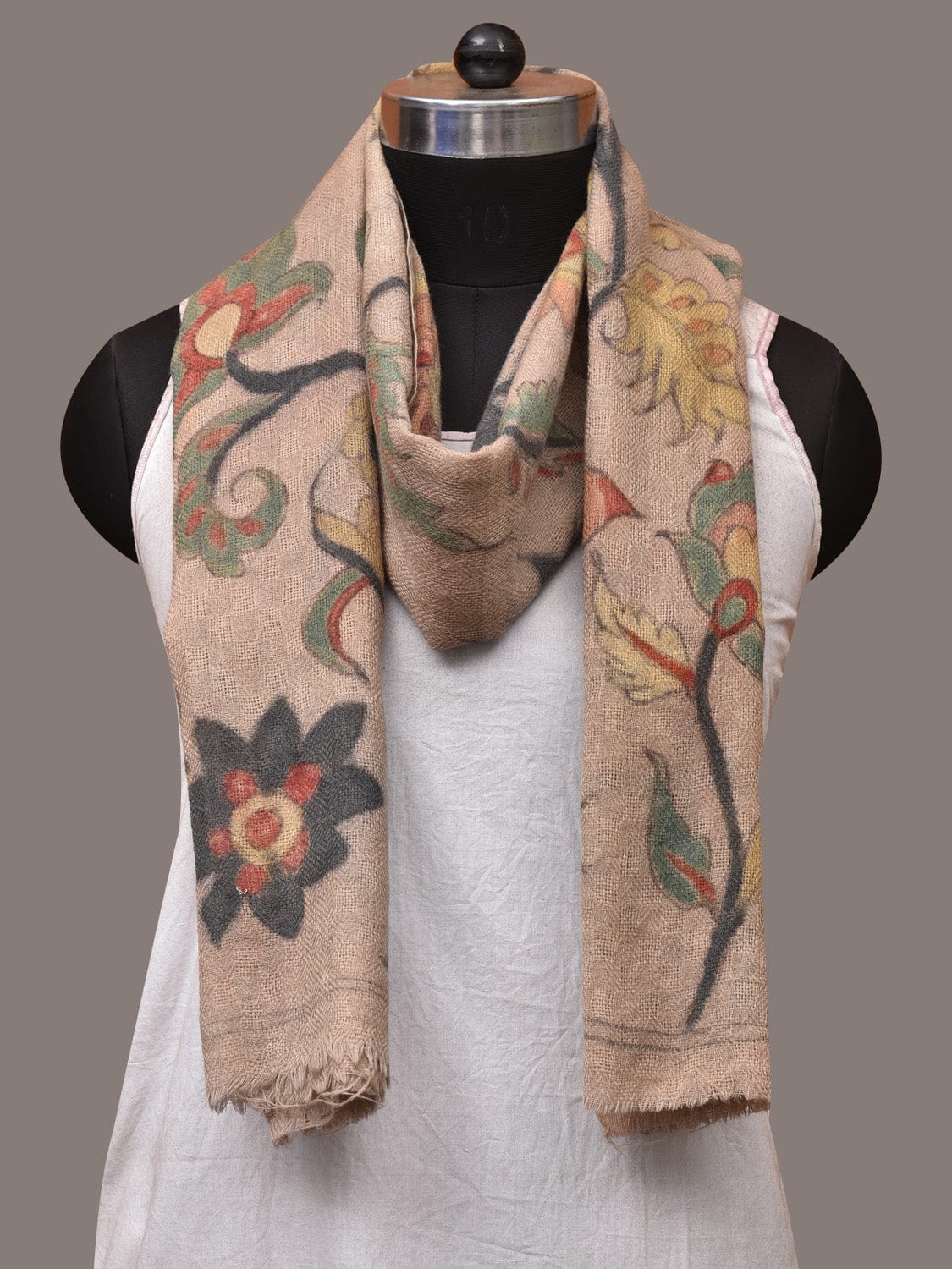 Cream Kalamkari Hand Painted Woolen Handloom Stole with Floral Design ds3546