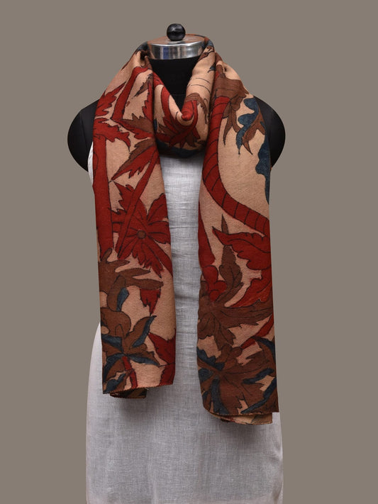 Cream Kalamkari Hand Painted Woolen Handloom Stole with Trees and Birds Design ds2782