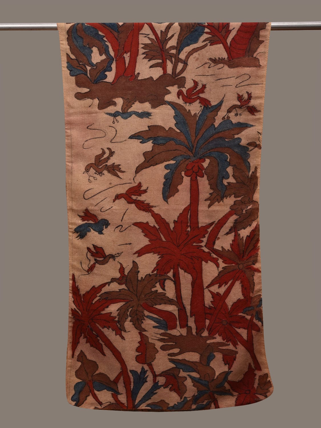 Cream Kalamkari Hand Painted Woolen Handloom Stole with Trees and Birds Design ds2782