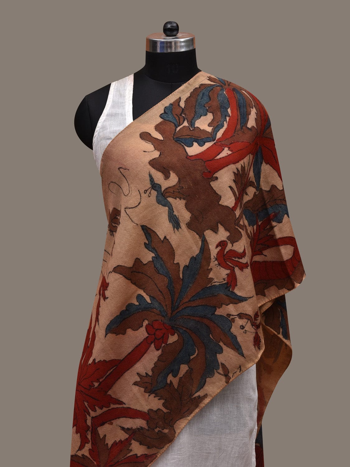 Cream Kalamkari Hand Painted Woolen Handloom Stole with Trees and Birds Design ds2782