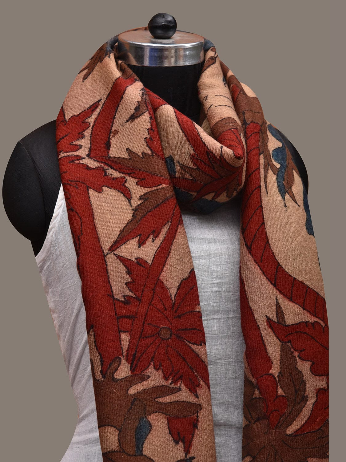 Cream Kalamkari Hand Painted Woolen Handloom Stole with Trees and Birds Design ds2782