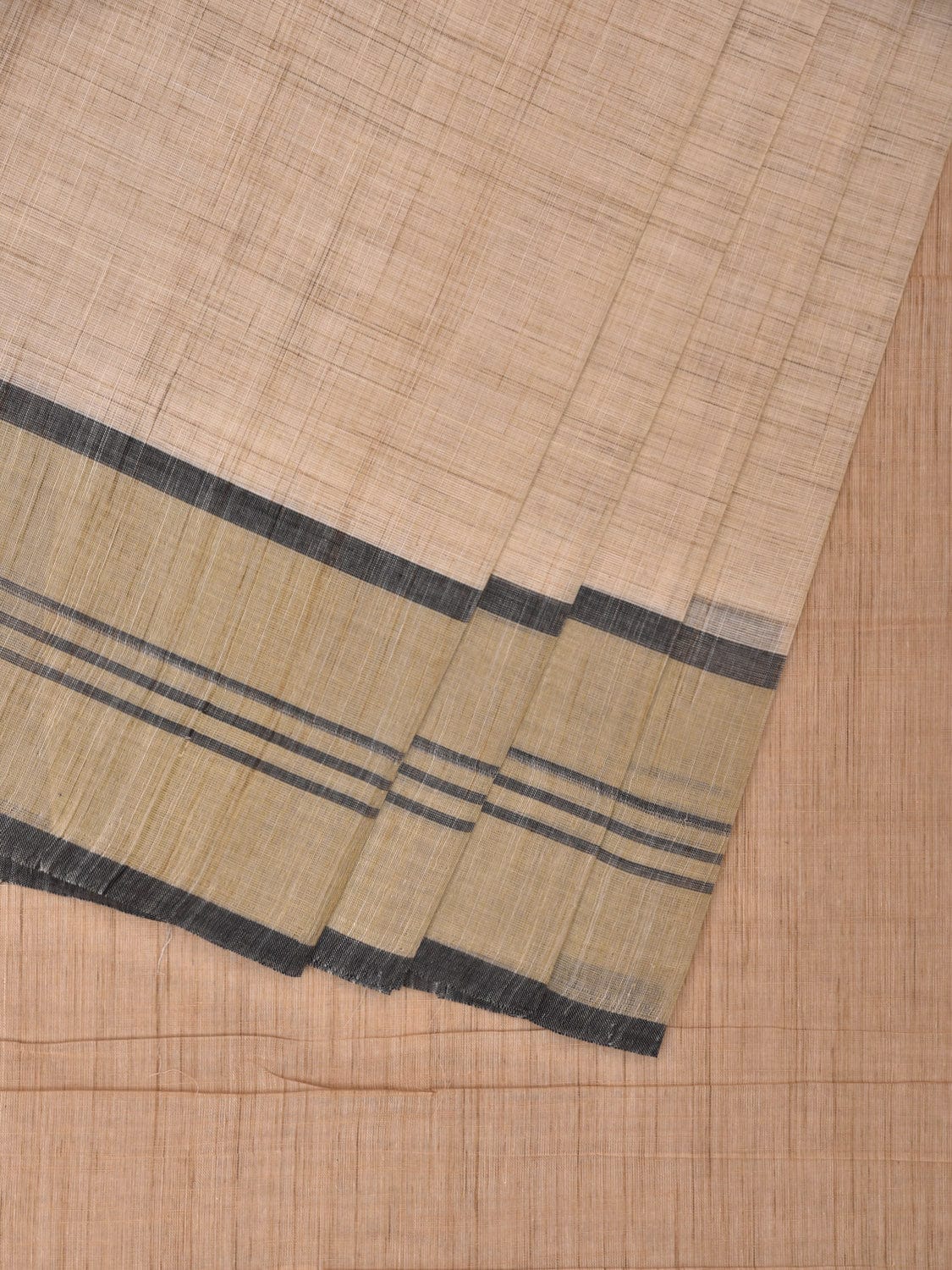 Cream Kanchipuram Cotton Handloom Saree with Strips Pallu Design k0560