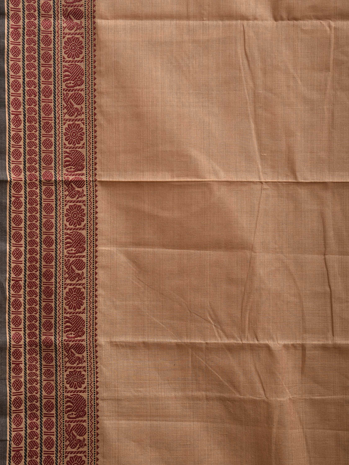 Cream Kanchipuram Cotton Plain Saree with Strips and Border Design k0855