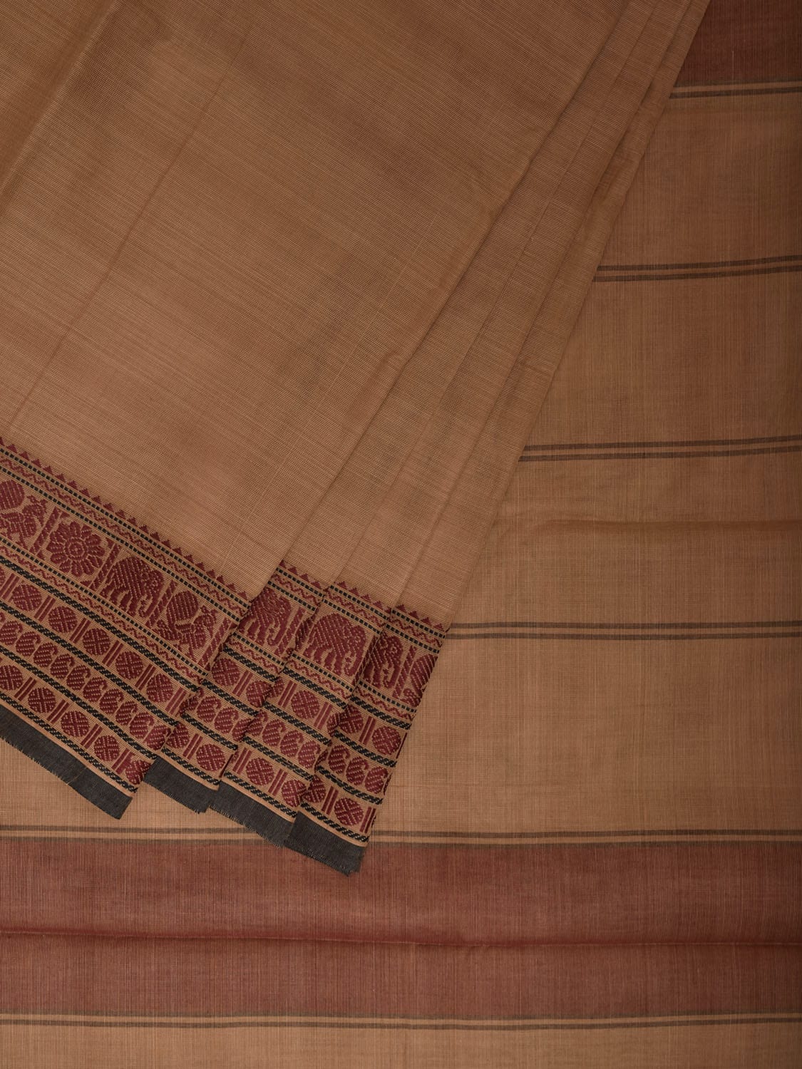 Cream Kanchipuram Cotton Plain Saree with Strips and Border Design k0855