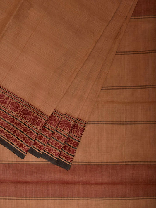 Cream Kanchipuram Cotton Plain Saree with Strips and Border Design k0855
