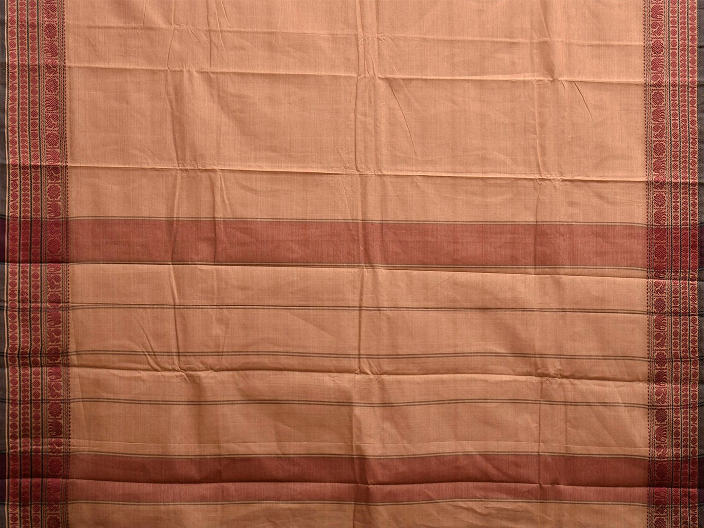 Cream Kanchipuram Cotton Plain Saree with Strips and Border Design k0855